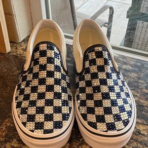Vans Checkerboard Slip-On Sneakers in Black and White with RHINESTONES